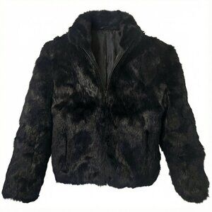 Vintage Niki Black Rabbit Fur Zip Up Waist Jacket